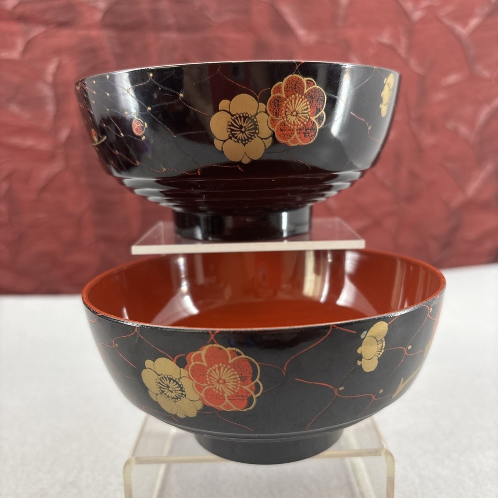Japanese Lacquerware Bowls Soup Rice Noodles Red Black Gold Floral Miso Japan - Picture 13 of 16